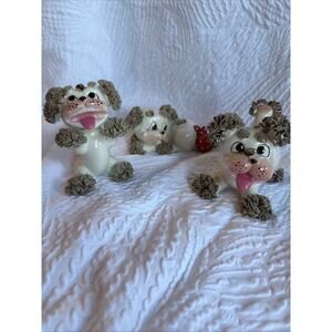 3 Trio Of Vintage Lefton Spaghetti Puppy Dog Figurine with Bug